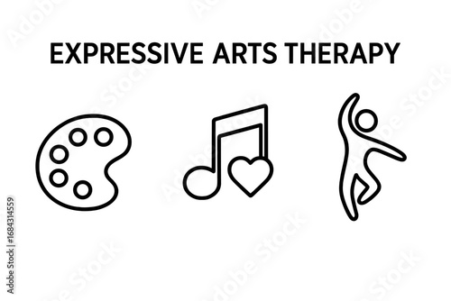 Expressive arts therapy icon set with paint, music, and dance symbols. Vector illustration for mental health, psychology, creative healing, art therapy, and well-being.
