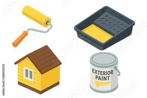 Isometric exterior painting icon set for home renovation. Vector illustration of house siding, paint roller, tray, and can for DIY projects and building maintenance.