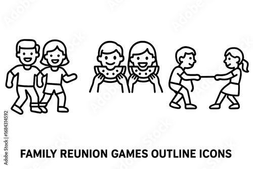 Family games icon set. Family reunion activities outline vectors. Three-legged race, watermelon eating contest, tug of war. Summer fun, outdoor picnic, teamwork concepts.