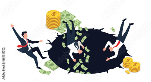 Businessmen falling into financial abyss amidst scattered money and coins, illustrating economic crisis