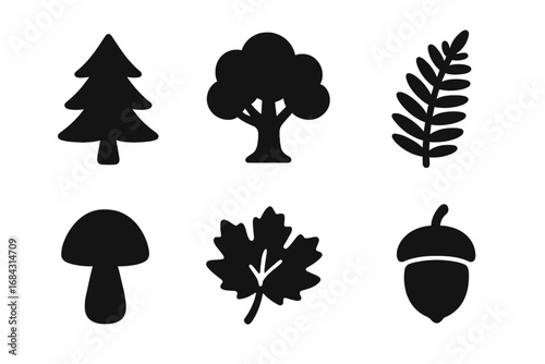 Forest icons set. Solid black silhouette glyphs of woodland elements. Vector clipart collection with pine tree, oak, fern, mushroom, maple leaf, and acorn for nature design.