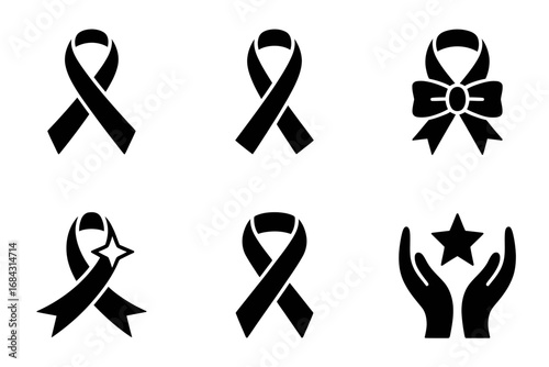 Black ribbon awareness icon set, symbolic support designs, remembrance mourning graphics, charity solidarity elements, campaign vector illustrations