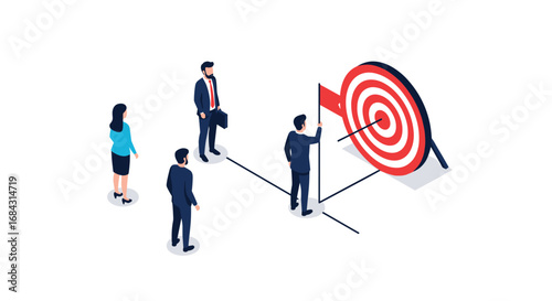 Diverse business team strategizes and achieves goals with a striking dartboard target in a modern setting