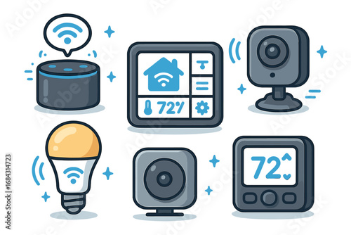 Smart home devices and IoT technology concept, digital artwork of modern automation solutions with smart thermostat, cameras, voice assistant, connected bulb, security system illustration