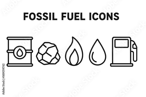 Fossil fuel line icons. Set of outline vector symbols: crude oil barrel, coal, natural gas flame, petroleum drop, gas station pump. Non-renewable energy resources concept.
