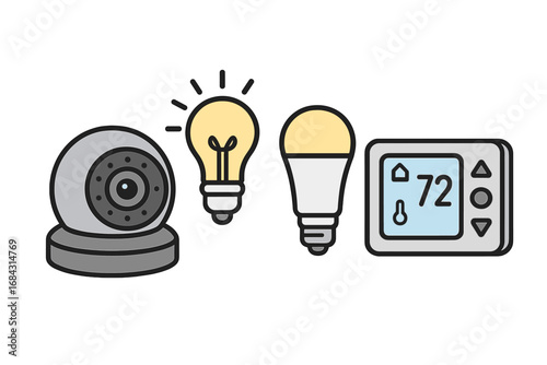 Smart home devices including security cameras, smart bulbs, and thermostats for home automation, energy management, and remote control technology, vector cartoon illustration