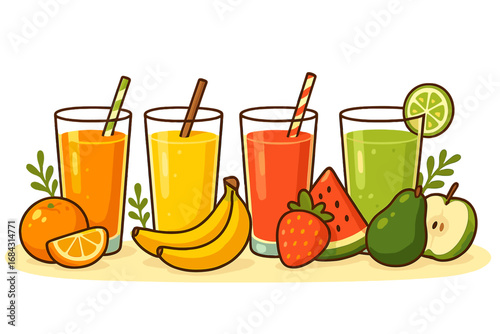A set of fresh fruit juices and smoothies in glasses with straws. Healthy drinks from orange, banana, strawberry, watermelon, and apple. Vector cartoon illustration for a detox menu.