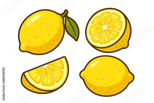 Lemon fruit set vector cartoon illustration. Fresh lemons, half lemon, and citrus slice icon collection. Juicy, sour, organic food ingredient for healthy diet and vitamin C.