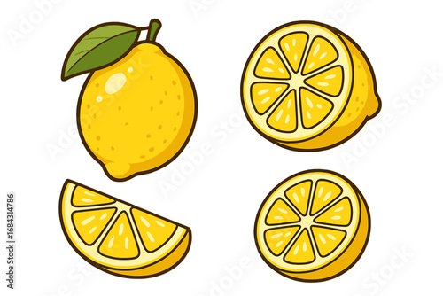 Lemon fruit set vector cartoon illustration. Whole lemon with leaf, half, slice, and wedge. Fresh juicy citrus for lemonade, food design, sticker, and grocery icon.