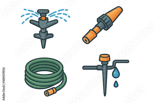 Garden irrigation system vector icon set. Flat cartoon illustration of watering equipment. Lawn sprinkler head, adjustable spray nozzle, green hose, and drip system tool.