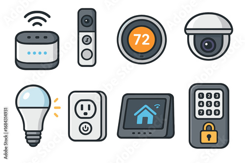 Smart Home Devices Collection with Various Technologies and Functionalities, Vector Cartoon Icons Set Including Security Cameras, Thermostat, Smart Light, Door Lock, and More