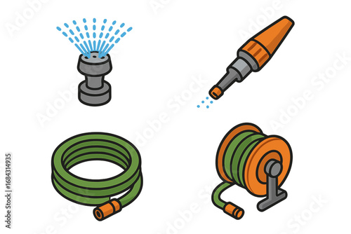 Garden irrigation equipment icon set. Isometric vector illustration of lawn care tools. Includes sprinkler head, adjustable nozzle, garden hose, and hose reel for watering.