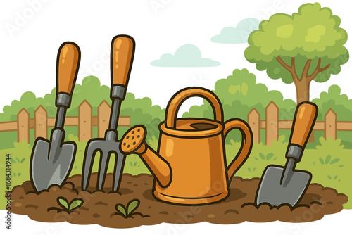 Garden tools set for planting and cultivating in a backyard. Vector cartoon illustration of a watering can, trowel, and fork in soil with sprouts. Spring season hobby.