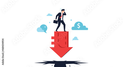 Worried businessman on falling red arrow over cracked ground, symbolizing financial crisis or business failure.