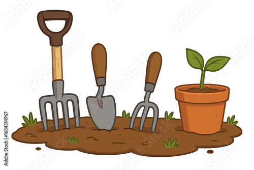 Gardening tools for planting and cultivating. Spring season concept with pitchfork, trowel, and fork in soil. Vector cartoon of backyard agriculture and horticulture.
