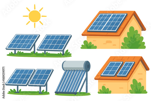 Solar energy systems showcase various solar panels and solar water heating solutions in bright sunny environment, eco-friendly renewable power, clean energy sources vector cartoon illustration