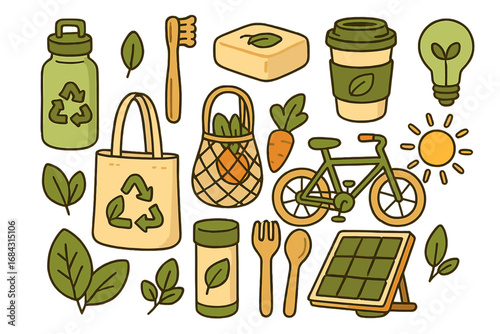 Sustainable lifestyle items promoting eco-friendliness in daily routines for a greener future vector cartoon illustration set with reusable products, green energy, and zero waste