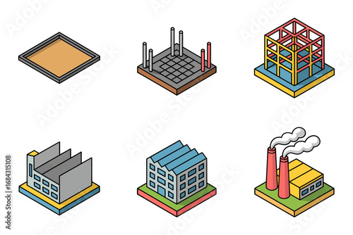 Factory and industrial plant vector icons, isometric construction site graphics, urban manufacturing facility illustrations, modern industry design elements