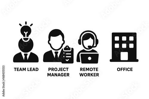 Hybrid team solid icon set with roles like team lead, project manager, remote worker, and office. Concept of business management, corporate teamwork, and collaboration vector.