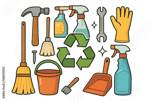 Cleaning and Maintenance Tools with Recycling Symbol, Eco-friendly Supplies, Gloves, Hammer, Broom, Dustpan, Wrench, Bucket, and Sprayers for Organized and Tidy Environment Vector Illustration