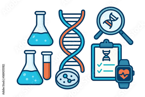Genetic research icon set. Biotechnology and DNA analysis concept. Gene testing in science lab. Vector icons of helix, flask, petri dish and health tracker for bioinformatics.
