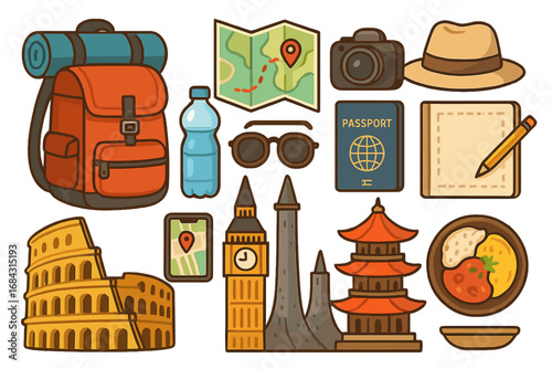 Travel essentials for adventurous trips to famous cultural destinations with iconic landmarks, traditional food, passport, camera, maps, and accessories, vector cartoon illustration