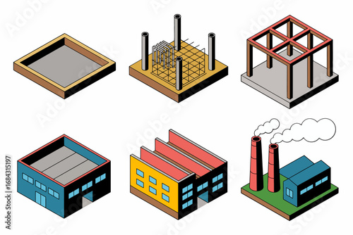 Isometric building foundation vector icons, construction site graphics, industrial plant elements, urban factory illustrations, modern facility design set