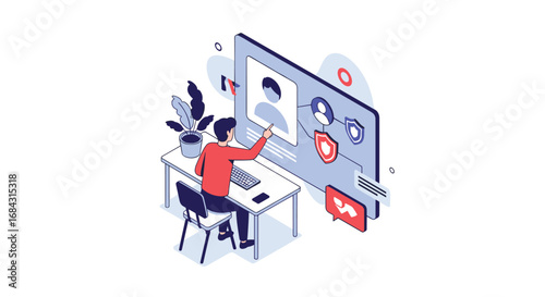 Person interacts with digital profile interface showing security shields and user icons on a computer screen