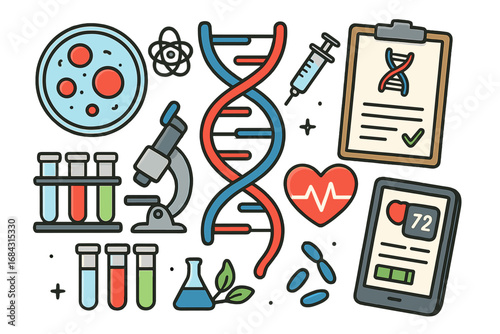 Gene engineering, DNA research, and biotechnology science icon set. Vector lab equipment for medical analysis, genome sequencing, and clinical tests. Health monitoring concept.