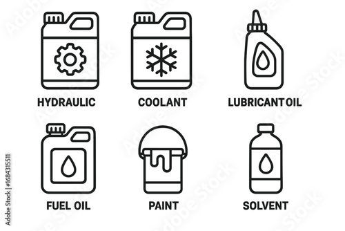 Industrial liquids line icon set. Vector symbols for hydraulic fluid, coolant, antifreeze, lubricant, motor oil, fuel, paint, solvent. Automotive chemical product containers.