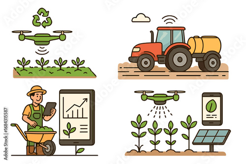 Smart farming and agriculture technology icon set. Farmer with tablet, drone sprayer, and tractor. Agritech automation for crop efficiency and sustainable farm management vector.