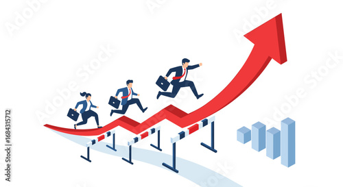 Driven professionals conquer challenges, ascending to success on upward growth chart with hurdles