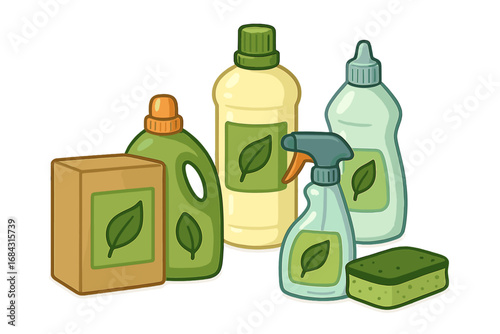Eco-friendly Cleaning Products Set with Natural Leaf Labels, Sustainable Household Supplies, Green Detergents, Sprays, Sponge and Soap Box, Vector Cartoon Illustration