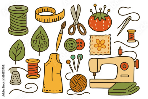 Sewing essentials and tailoring tools for sustainable fashion and textile projects. Vector cartoon illustration set with sewing machine, thread, scissors, and recycle symbol.