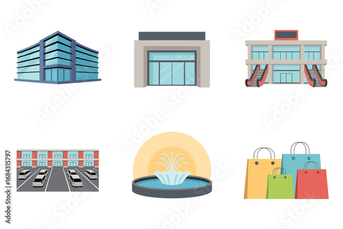 Shopping mall vector illustrations, retail storefront architecture, shopping center entrance, parking lot, bags, commercial building icons, lifestyle graphics