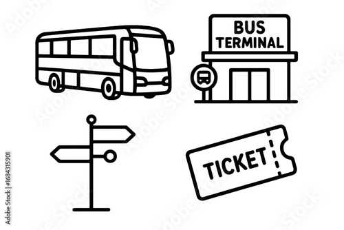 Intercity bus travel icon set. Public transport linear icons. Coach, bus terminal, station, route signpost, ticket symbols. Vector outline illustration for tourism concept.