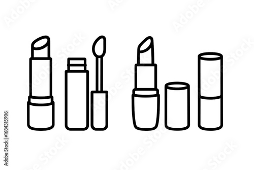 Lip care icons set. Lipstick and lip gloss tube with applicator wand. Outline cosmetic makeup product symbol. Vector illustration for beauty, glamour, and skincare design.