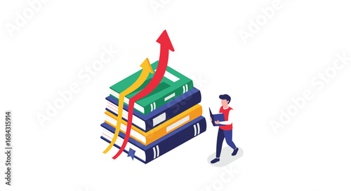 Young learner studies stacked books with rising arrows symbolizing educational growth and success