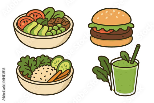 Various Plant-Based Food Illustrations Featuring Vegan Bowls, Burger, and Green Smoothie in Minimalist Cartoon Style with Transparent Background