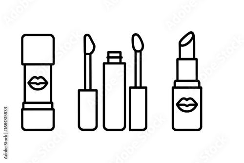 Lip care icons set. Linear cosmetic symbols collection. Outline lipstick, lip gloss, and balm tube with applicator wand. Vector illustration for beauty products and makeup.