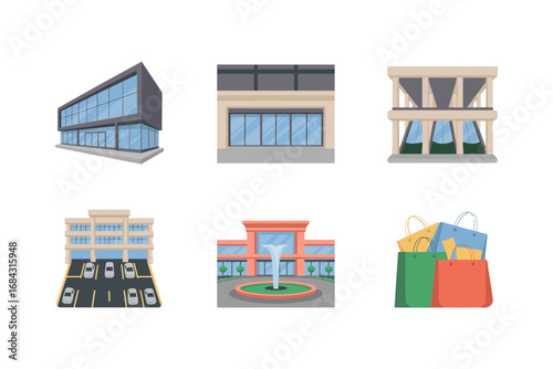 Retail complex icon set, storefront building illustrations, shopping center facade, mall entrance, parking and bags, commerce vector graphics