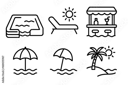 Luxury resort icons outline set featuring infinity pool, sun lounger, swim-up bar, pool umbrellas, beach and tropical palm paradise vector cartoon illustration