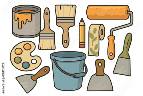 Vector set of tools for painting, decorating, and home repair. Cartoon icons for renovation and DIY projects. Includes paint can, roller, brush, putty knife, and wallpaper.