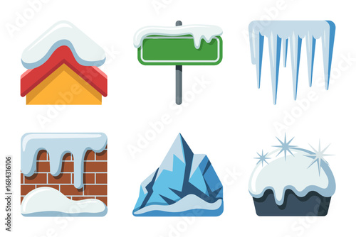 Winter rooftop ice decorations, snowy eaves and hanging icicles, frozen signboard, glittering snowcap, cold season accents