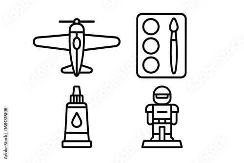 Detailed outline icons of model building and collectible hobby set including vintage model airplane, artist paint palette, glue tube, and collectible figurine for crafting and leisure