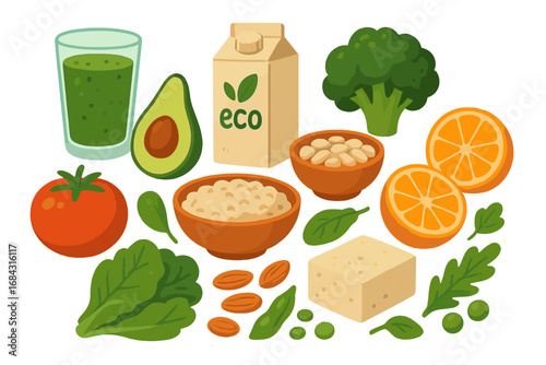 Colorful assortment of healthy plant-based foods and eco-friendly beverages showcasing nutrition, sustainability, fresh fruits, vegetables, nuts, and vegan lifestyle vector cartoon illustration