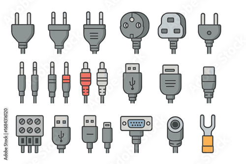 Various Electrical Connectors and Plugs Set, Vector Cartoon Illustration, Diverse Power and Data Cable Types, USB, Audio, Video, European, UK, and Specialized Connectors