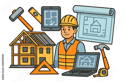 Modern construction elements with tools, technology, and design concepts for contemporary building and architecture projects, vector cartoon illustration with transparent background