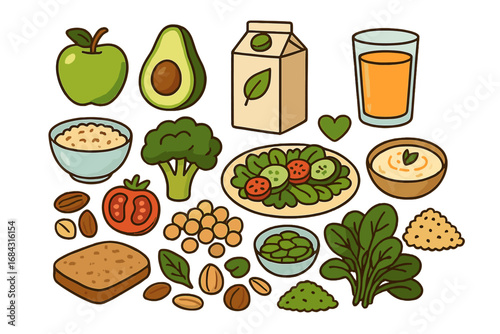 Healthy plant-based foods and beverages assortment, nutrition and sustainability concept, colorful vector cartoon illustration, natural fruits, vegetables, nuts, drink, vegan diet, eco-friendly eating