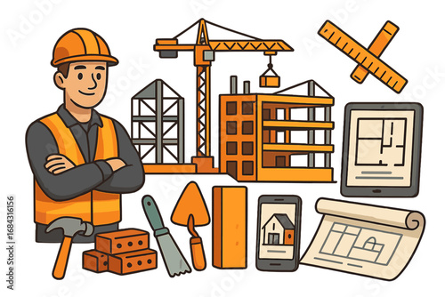 Modern construction elements with tools, technology, and design concepts displayed creatively for contemporary building and engineering projects, vector cartoon illustration with transparency